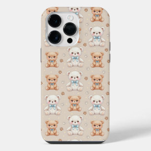 Süßer Teddybär und blaue Schleifen nahtloses Muste iPhone 14 Pro Max Hülle