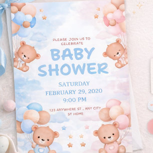 Süßer Teddybär und rosa blaue Ballons - Babyshower Einladung