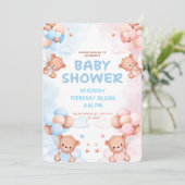 Süßer Teddybär und rosa blaue Ballons - Babyshower Einladung (Stehend Vorderseite)