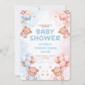 Süßer Teddybär und rosa blaue Ballons - Babyshower Einladung (Vorderseite)
