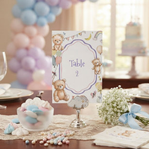 Süßer Teddybär Wasserfarbe Sterne Mond Lila Herz Tischnummer