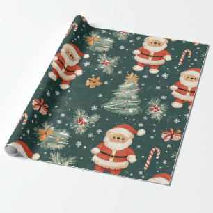 Süßer Teddybär & Weihnachtsmann auf dunklem Grün ( Geschenkpapier