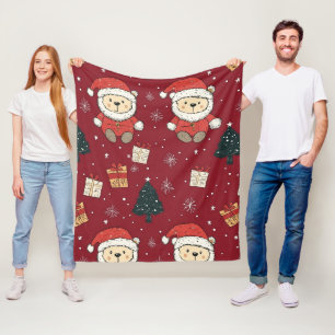 Süßer Teddybär & Weihnachtsmann auf Rot (1) Fleecedecke