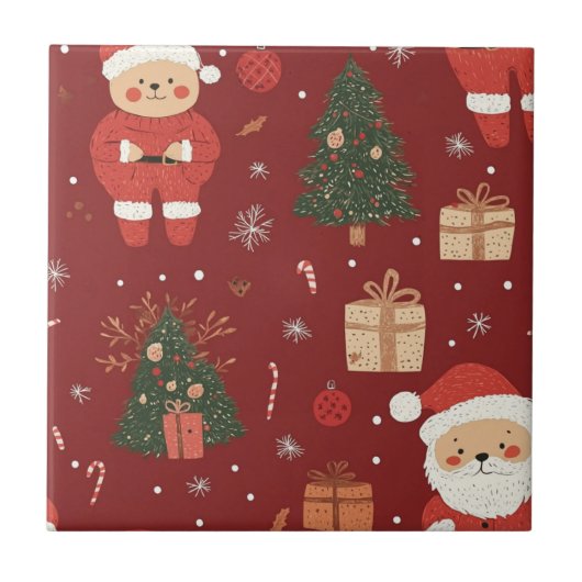 Süßer Teddybär & Weihnachtsmann auf Rot (2) Fliese (Vorderseite)