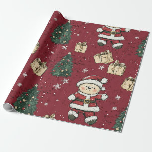 Süßer Teddybär & Weihnachtsmann auf Rot (3) Geschenkpapier