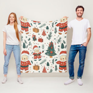 Süßer Teddybär & Weihnachtsmann auf Weiß (1) Fleecedecke