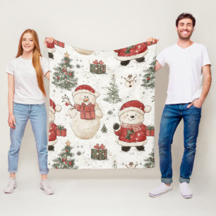 Süßer Teddybär & Weihnachtsmann auf Weiß (2) Fleecedecke