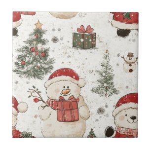 Süßer Teddybär & Weihnachtsmann auf Weiß (2) Fliese