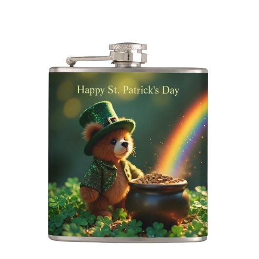Süßer Teddybär zum St. Patrick's Day Flachmann (Vorderseite)