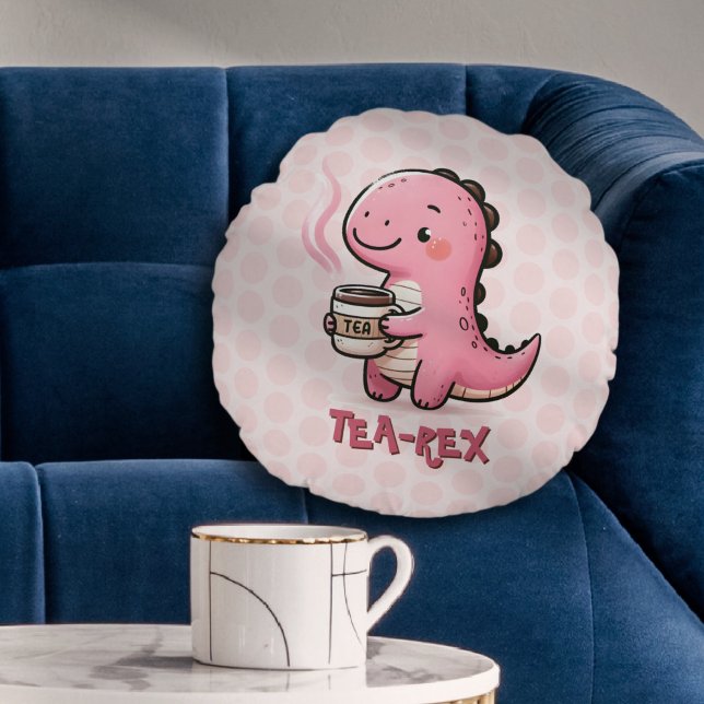 Süßer Tee-Rex, anpassbar Dinosaurier Tierpuppe Rundes Kissen (Sweet Tea-Rex Customizable Dinosaur Animal Pun Polka Dot Pillow)