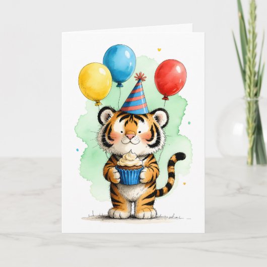 Süßer Tiger mit Cupcake Kinder Geburtstag Karte (Vorderseite)