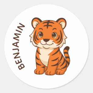 Süßer Tigerjunges mit individuellem Namen Runder Aufkleber