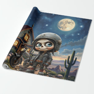 Süßer Totenkopf-Biker Mondbeschienene Fahrt durc Geschenkpapier