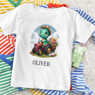 Süßer Trex-Dinosaur fährt einen roten Traktor Baby T-shirt