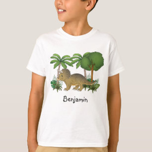 Süßer Triceratops-Dinosaurier mit Bäumen und Pflan T-Shirt