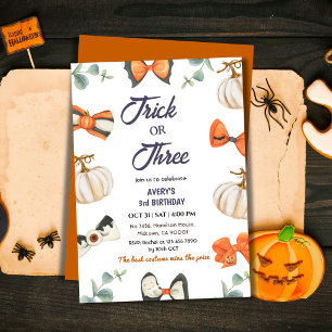 Süßer Trick-or-Three-Halloween-Geburtstag-Kürbis-B Einladung