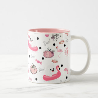 Süßer tropischer Halloween – Geister & Flamingos Zweifarbige Tasse