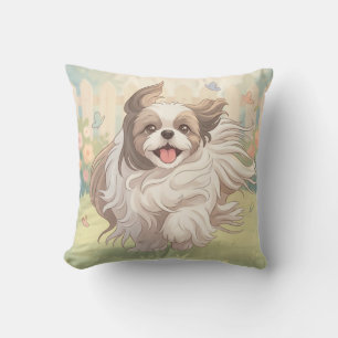 Süßer und glücklicher Shih-Tzu-Welpe läuft in eine Kissen