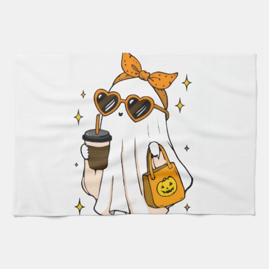 Süßer unheimlicher Saison-Geist mit Eiskaffee und Geschirrtuch (Horizontal)