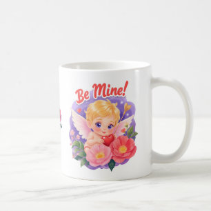 Süßer Valentinstag-Cupid mit "Sei Mein" Kaffeetasse