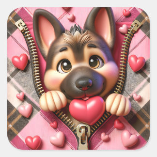 Süßer Valentinstag-Reißverschluss-Hund Quadratischer Aufkleber