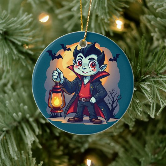 Süßer Vampir mit Laterne Kawaii Halloween Keramik Ornament (Baum)