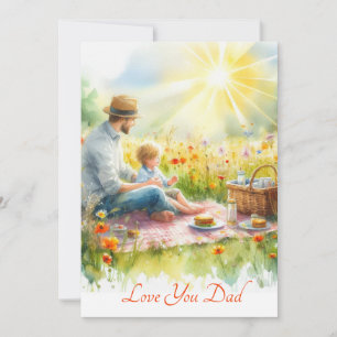 Süßer Vater und Sohn auf einem Picknick Aquarell Feiertagskarte