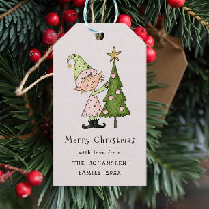 Süßer, verspielter, froher Weihnachts-Pink-Elf Geschenkanhänger