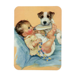 Süßer Vintage-Babyjunge mit Flasche und Hundewelpe Magnet