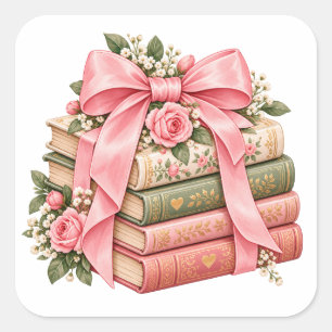 Süßer Vintage-Buchstapel-Aufkleber mit rosa Schlei Quadratischer Aufkleber