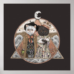 Süßer Vintage Cottagecore Katzenhexen Halloween Poster