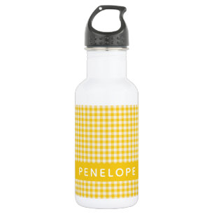 Süßer vintage-gelber Gingham-Karo-Name Edelstahlflasche