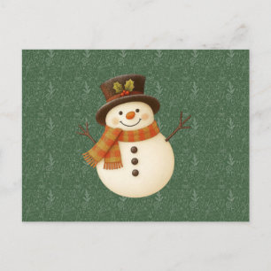 Süßer, vintage-grüner rustikaler Schneemann Feiertagspostkarte