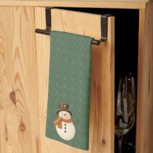 Süßer, vintage-grüner rustikaler Schneemann Geschirrtuch