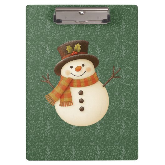 Süßer, vintage-grüner rustikaler Schneemann Klemmbrett (Vorderseite)