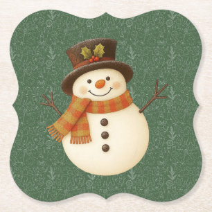 Süßer, vintage-grüner rustikaler Schneemann Untersetzer