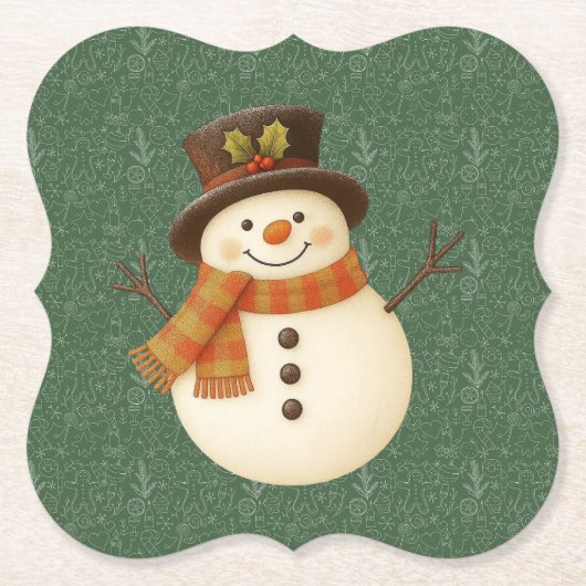 Süßer, vintage-grüner rustikaler Schneemann Untersetzer (Vorderseite)