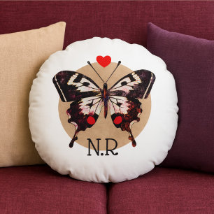 Süßer vintage Grunge Schmetterling & Herz monogram Rundes Kissen