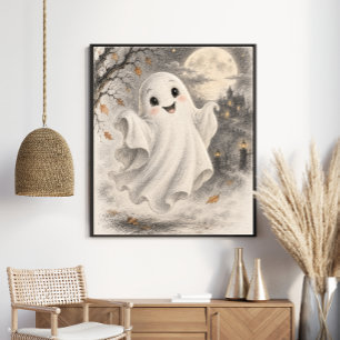 Süßer Vintage-Halloween-Geist unter Vollmond Poster