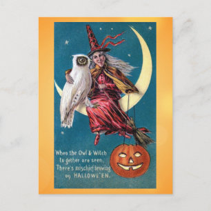 Süßer Vintage-Halloween-Hexen-Eule-viktorianischer Postkarte
