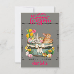 süßer vintage Hase im Osterkorb - Frohe Ostern Mitteilungskarte
