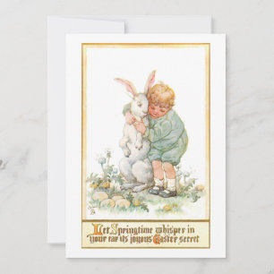 Süßer Vintage-Junge umarmt Osterhasen Feiertagskarte