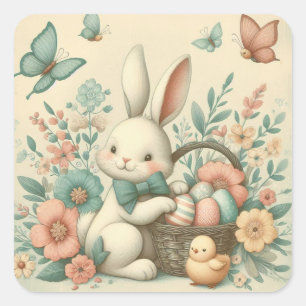 Süßer, vintage Osterhase & Küken Quadratischer Aufkleber