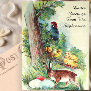 Süßer vintage Osterhase und Eier Postkarte