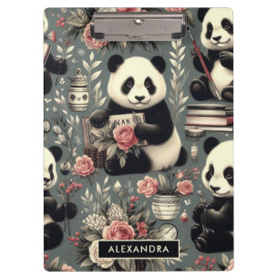 Süßer Vintage-Panda-Blumen- Klemmbrett