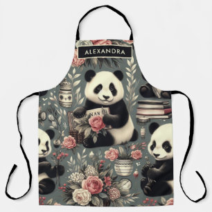 Süßer Vintage-Panda-Blumen- Schürze