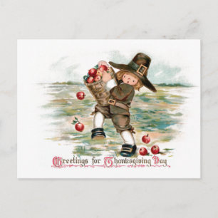 Süßer vintage Pilgerjunge mit Äpfeln Postkarte