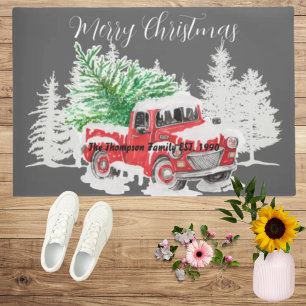 Süßer vintage roter LKW im Schnee Familienname Fußmatte