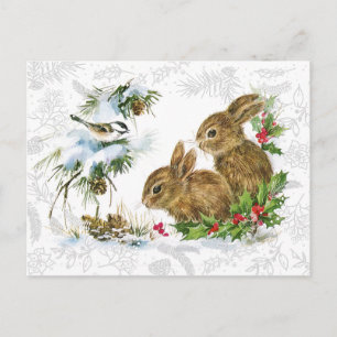 Süßer vintage Weihnachts-Schneehase und Stechpalme Postkarte