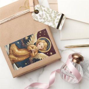 Süßer vintage Weihnachtsengel mit persönlicher Nac Rechteckiger Aufkleber